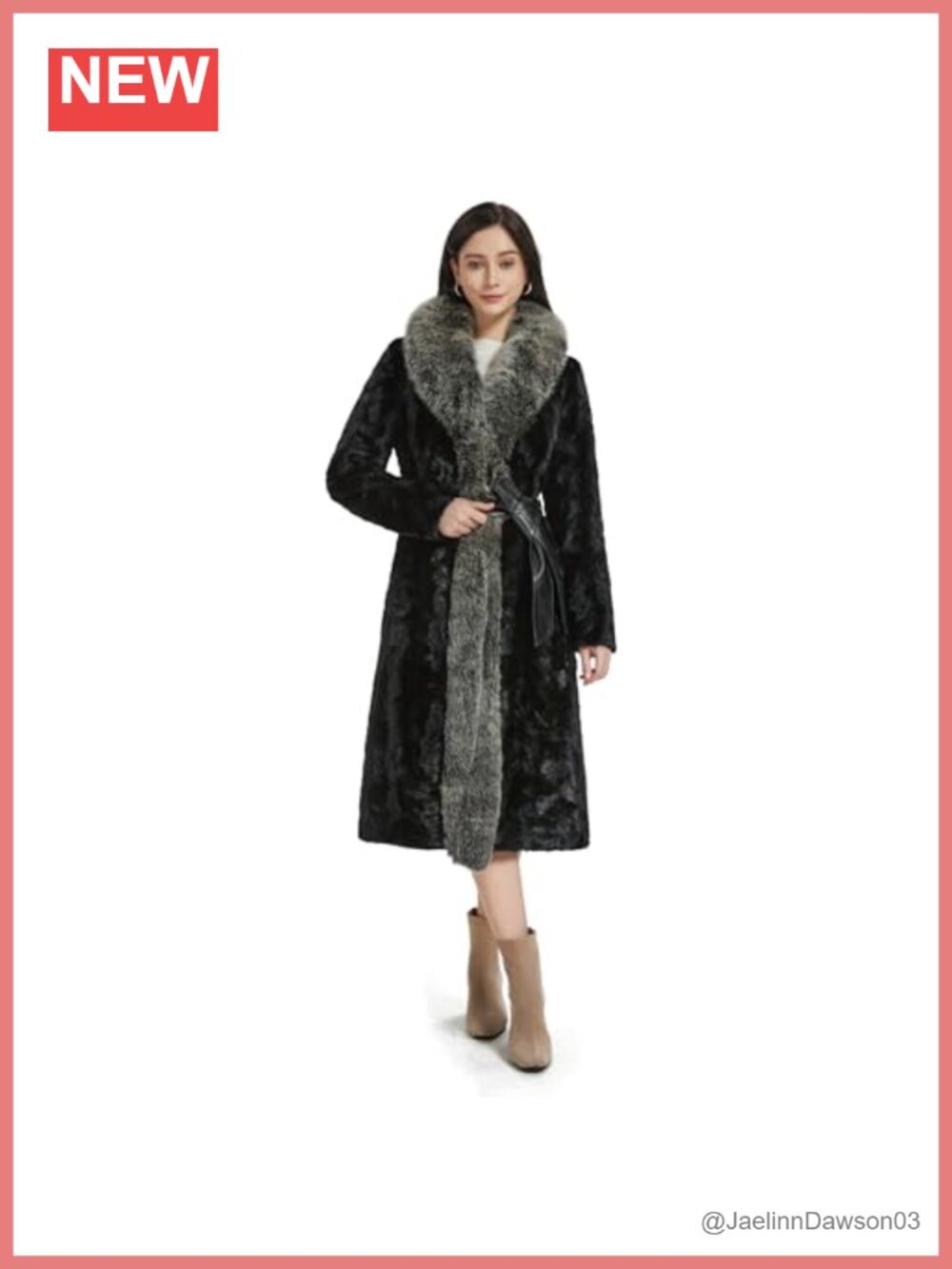 Real Mink Fur Coat with Real Fox Fur Collar Long Overcoat Hook & Loop